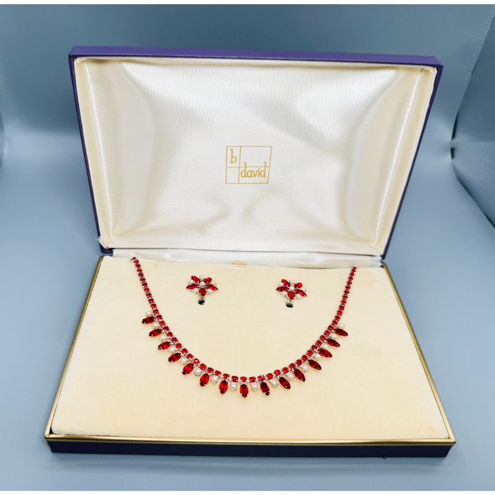 B David Vintage Red Rhinestone Faux Pearl Necklace Earrings Set Original Box